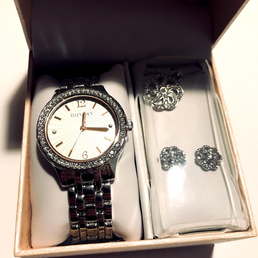 Ellen Tracy Quartz Silver Dial Ladies Watch & Jewelry Set ETJ8173SL New In Box